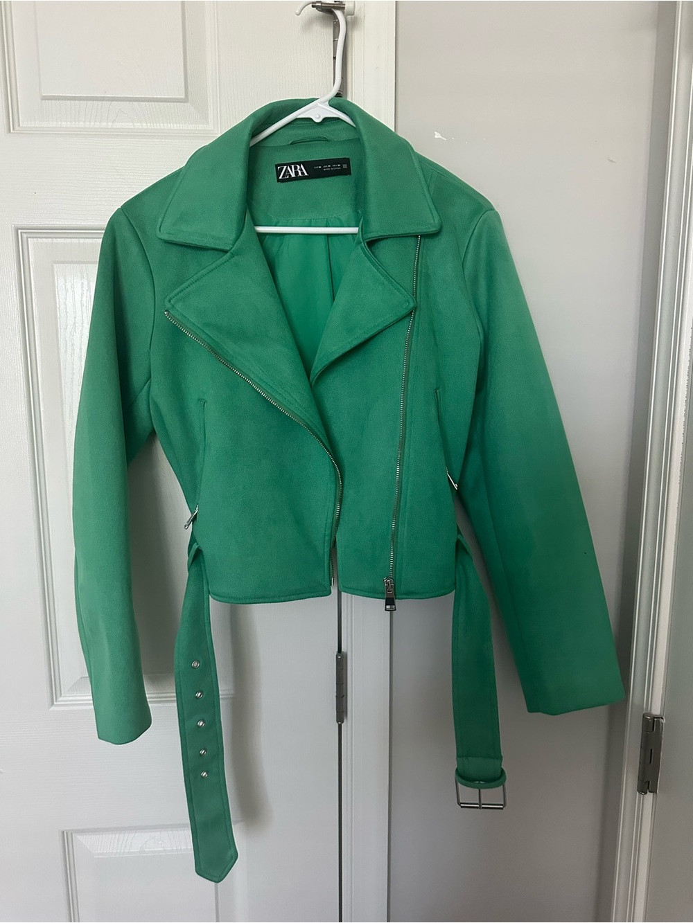 Zara Emerald Green Cropped Moto Jacket with Belt